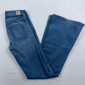 MYNK Hauteur Flare Jeans Low Rise Bell Bottom Blue Denim Size 26 Made in USA